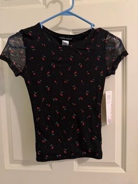 Black Cherry Print Mesh Sleeve Women's Top